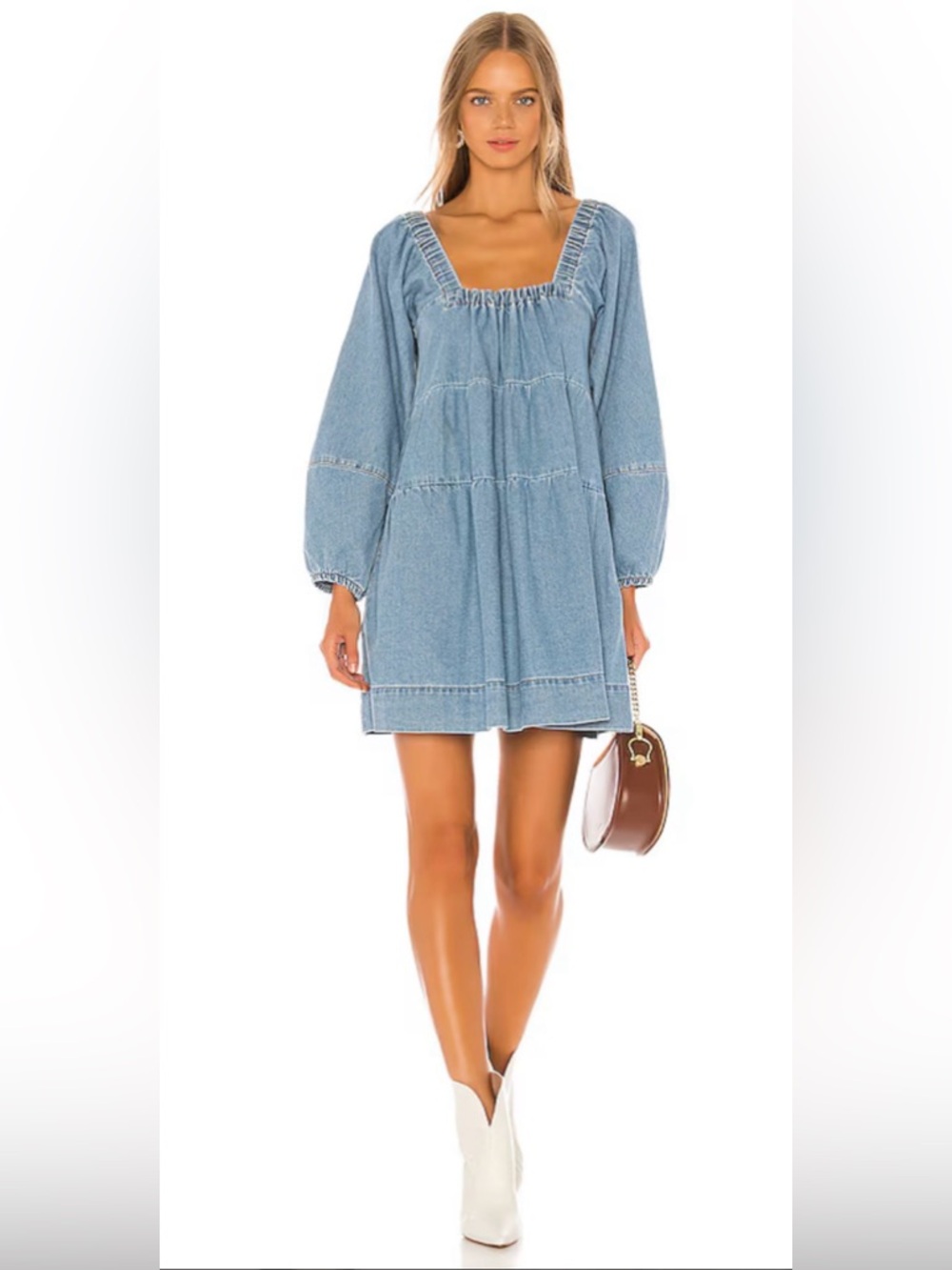 Free People Denim Babydoll Mini Dress M Chambray Puff Sleeve Boho